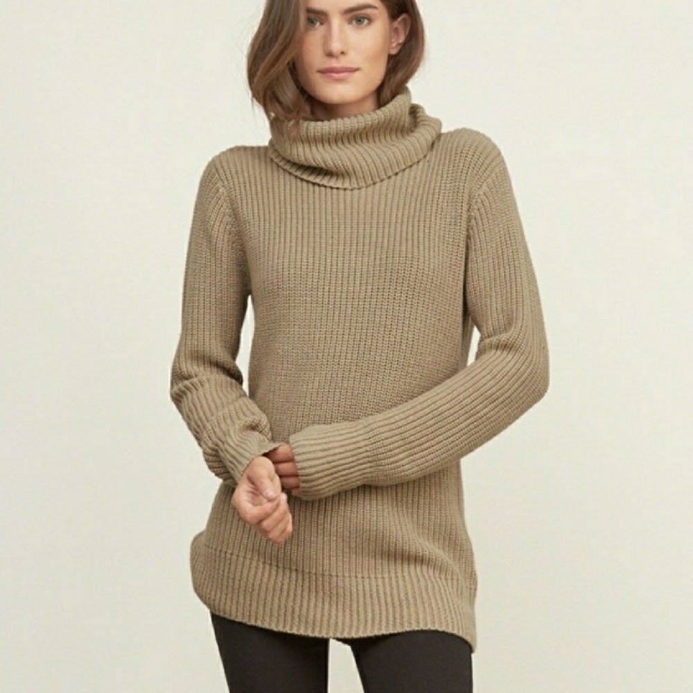 Camel Shaker Stitch Cowl Neck Sweater